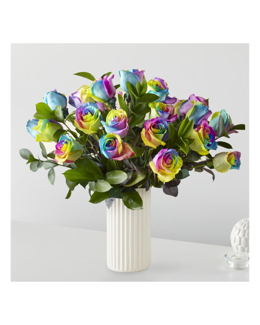 Rainbow Rose Bouquet - 24 Roses with White Fluted Vase