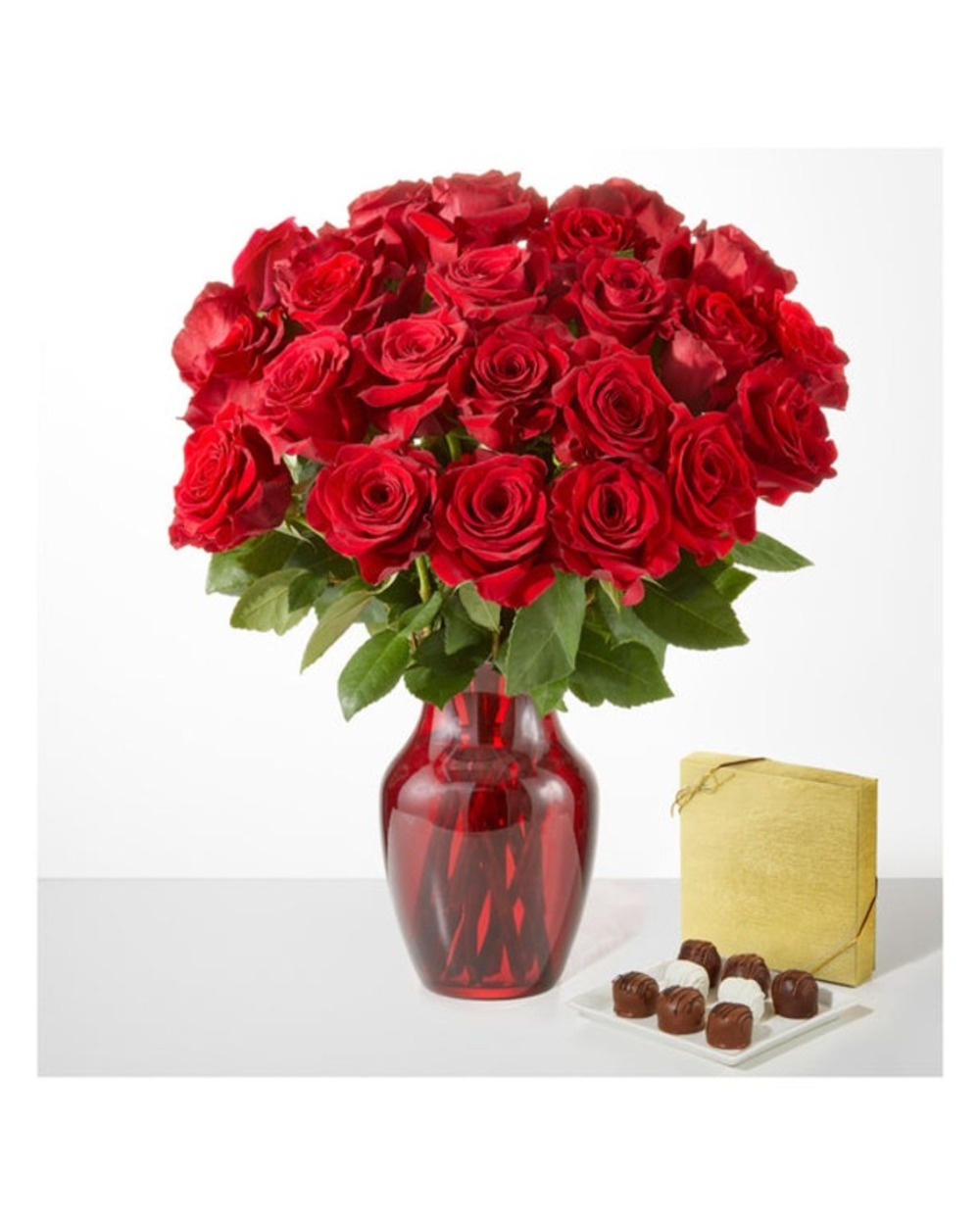 Red Rose Bouquet - 24 Roses with Red Vase and Chocolate